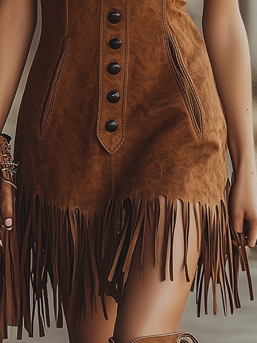 Robe Mini en Suède Brun avec Franges - Style Western, Expédition Rapide sous 24 Heures!