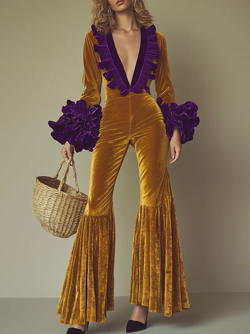 Combinaison Élégante en Velours Doré avec Volants Violets à Manches Longues - Parfaite pour vos Soirées Chic