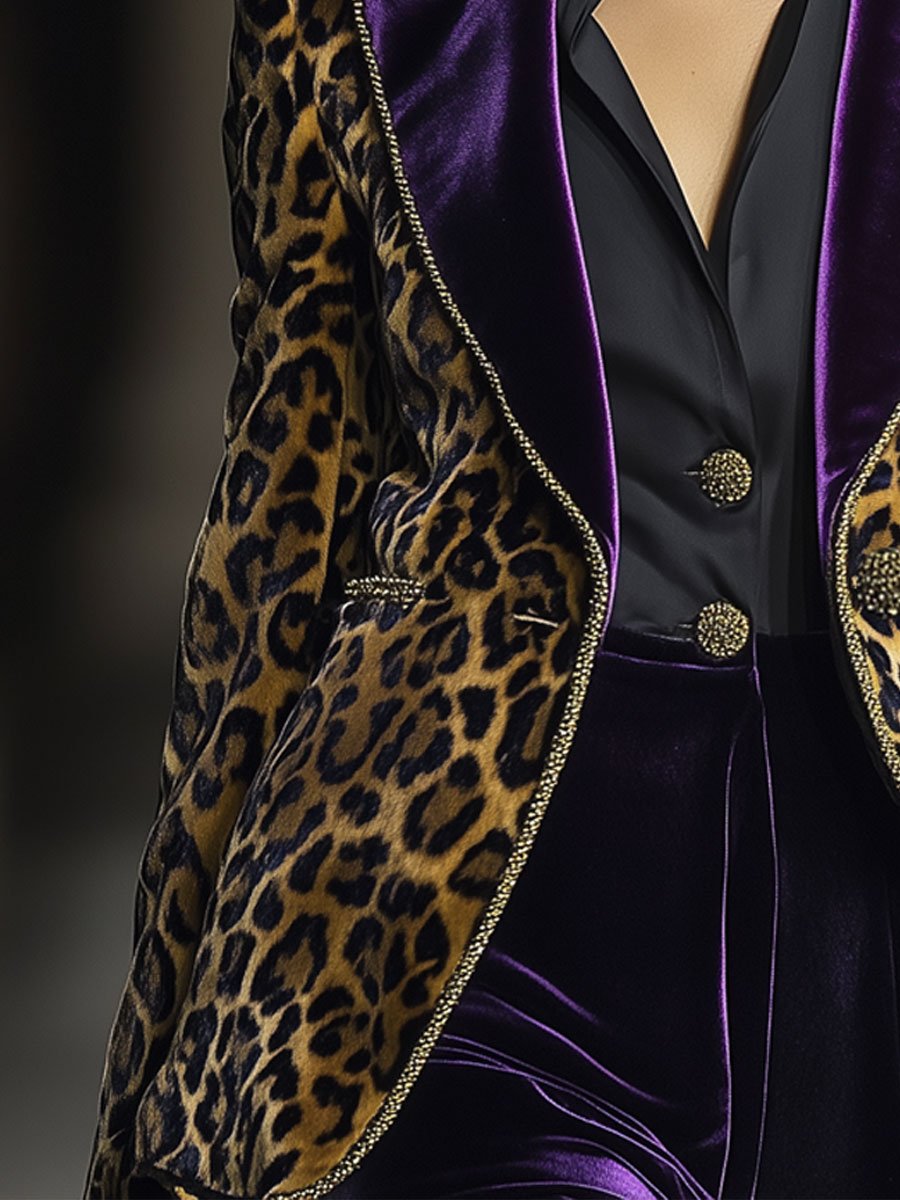 Blazer Décontracté en Velours Vintage à Imprimé Léopard - Expédition Rapide en 24 Heures !
