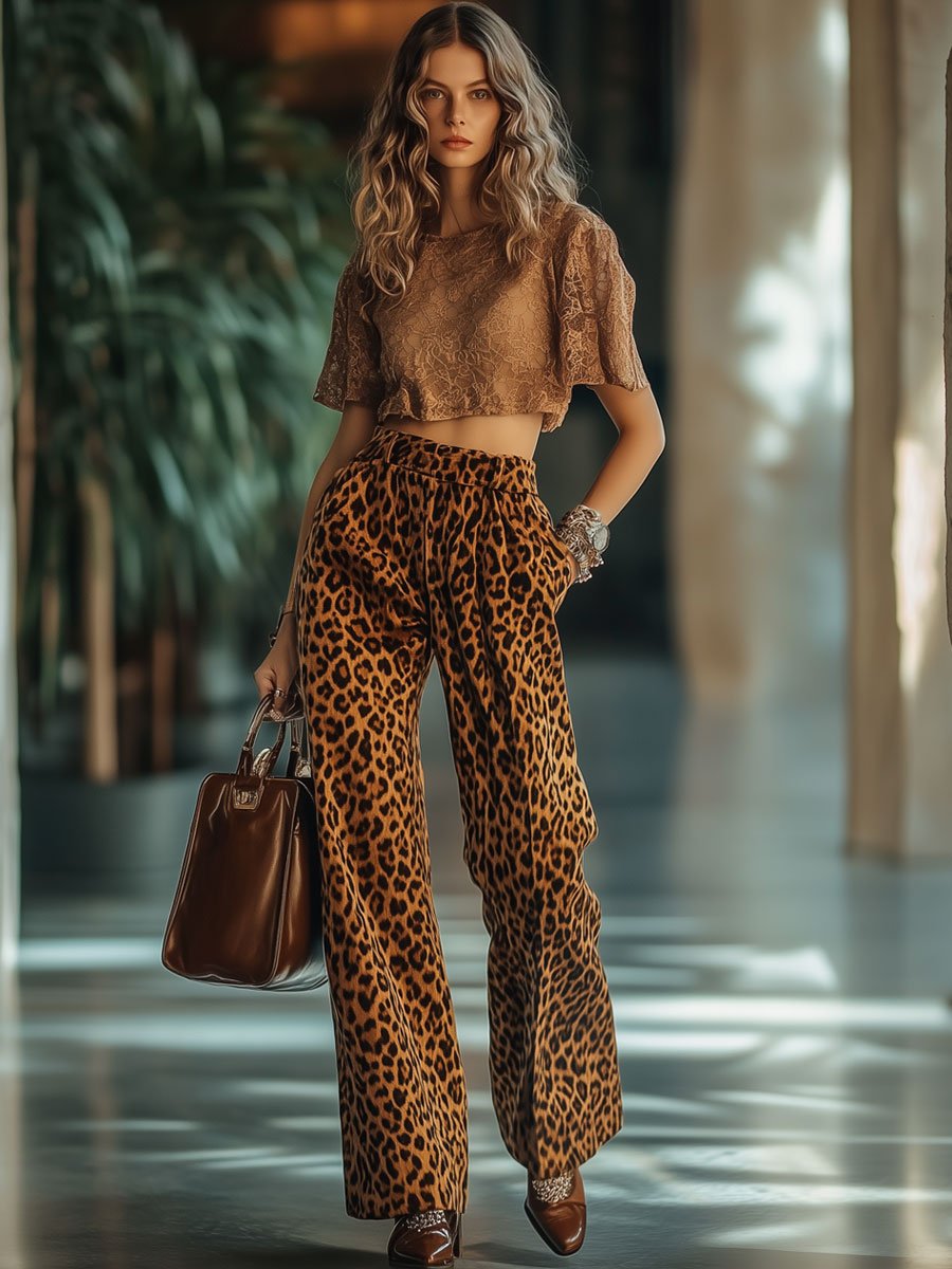 Expédition rapide en 24h : Pantalons vintage en velours à imprimé léopard avec taille élastique et poches