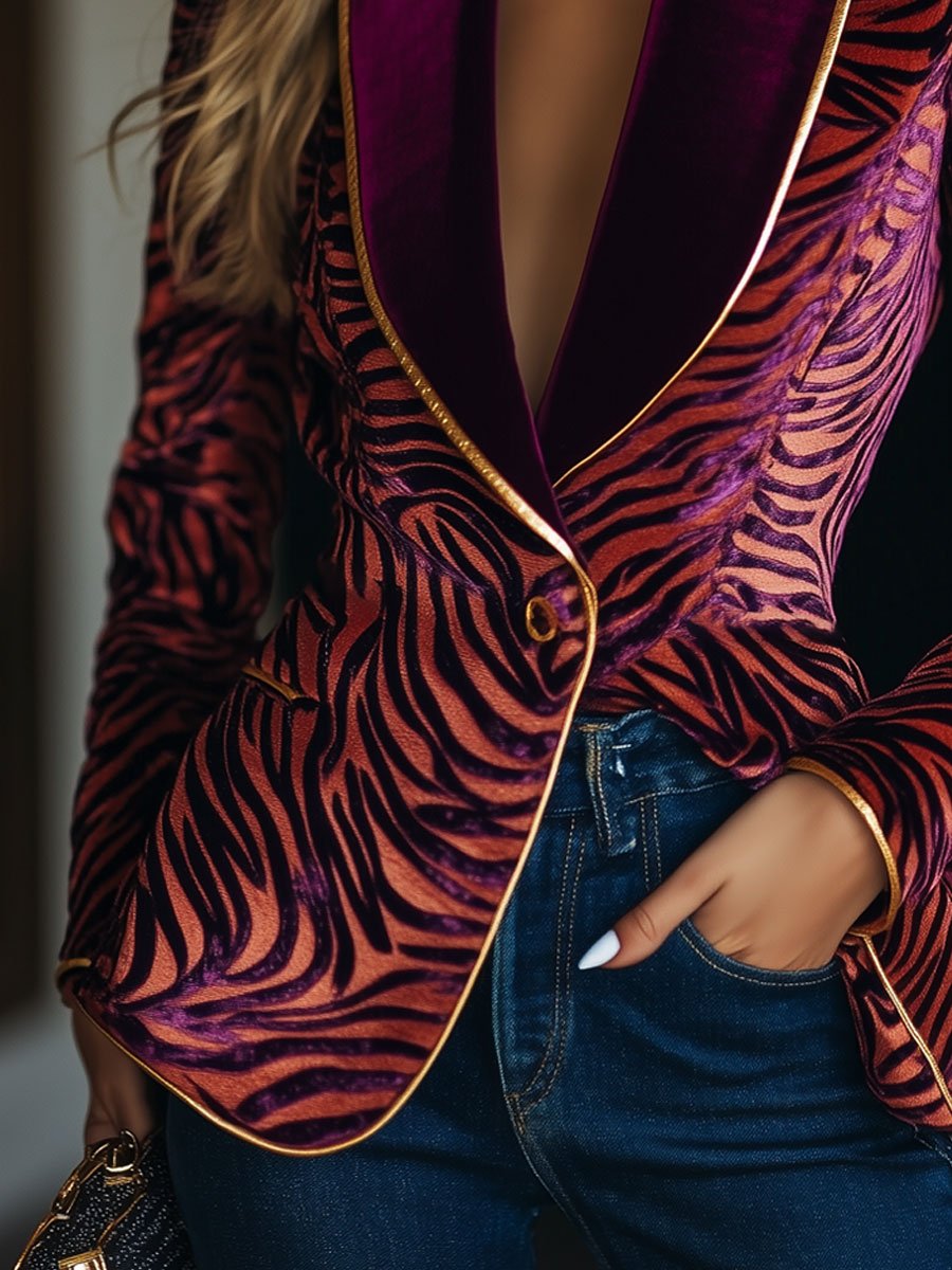 Blazer Vintage Décontracté en Velours à Motif Zèbre et Rayures Dorées