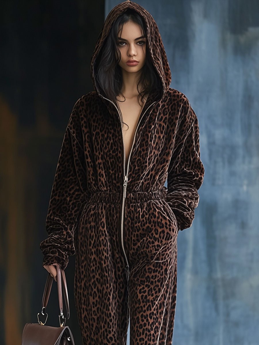 Expédition rapide : Salopette décontractée en velours vintage à imprimé léopard avec taille élastique, zip et capuche