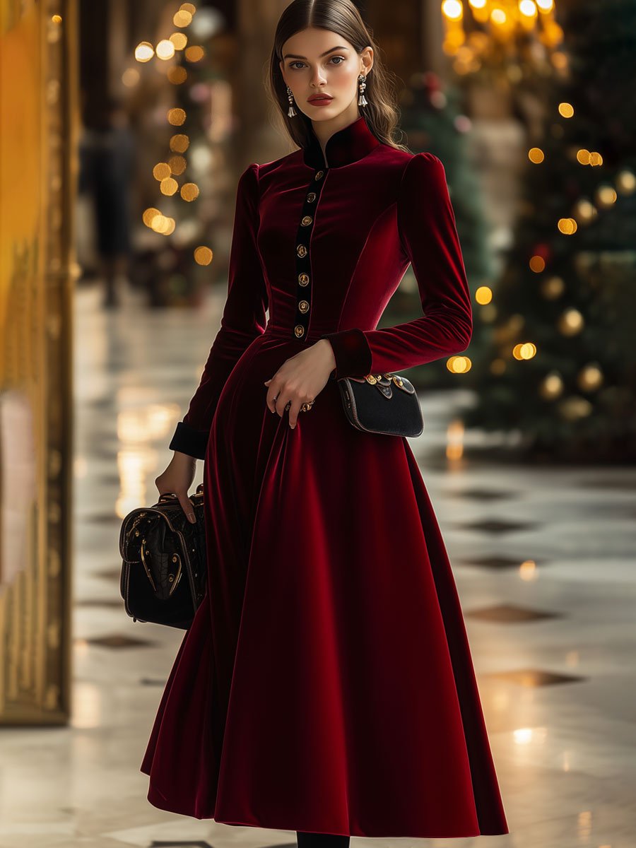 Robe Midi Longue en Velours Rouge Ankola à Manches Longues - Expédition Rapide en 24 Heures