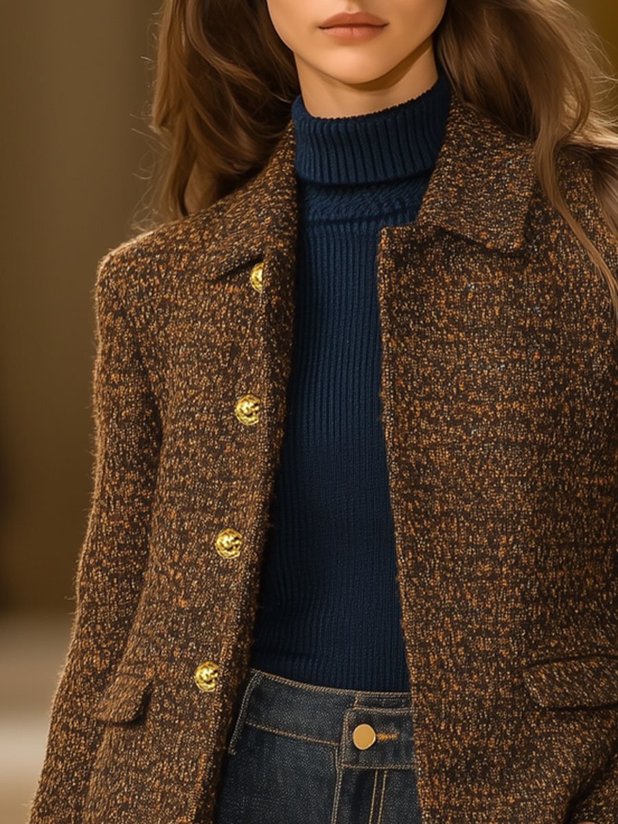 【Expédition rapide en 24 heures】Manteau vintage en tweed décontracté avec élégants boutons métalliques