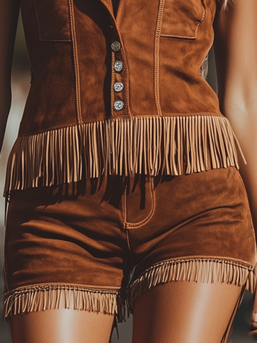 Expédition en 24 heures : Ensemble Vintage Western en Suède Marron - Short et Gilet