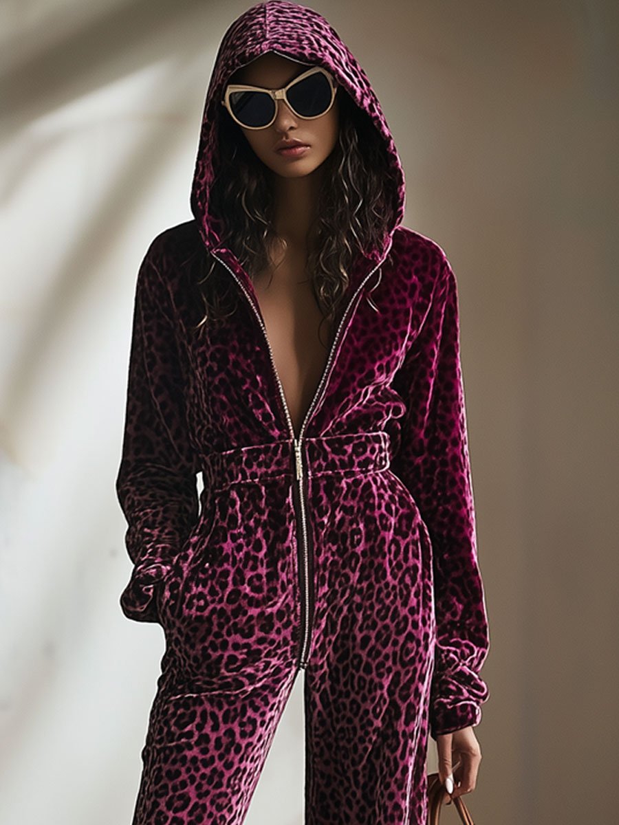 Combinaison à Capuche Zippée en Velours Violet Rétro à Imprimé Léopard - Expédition en 24 Heures!