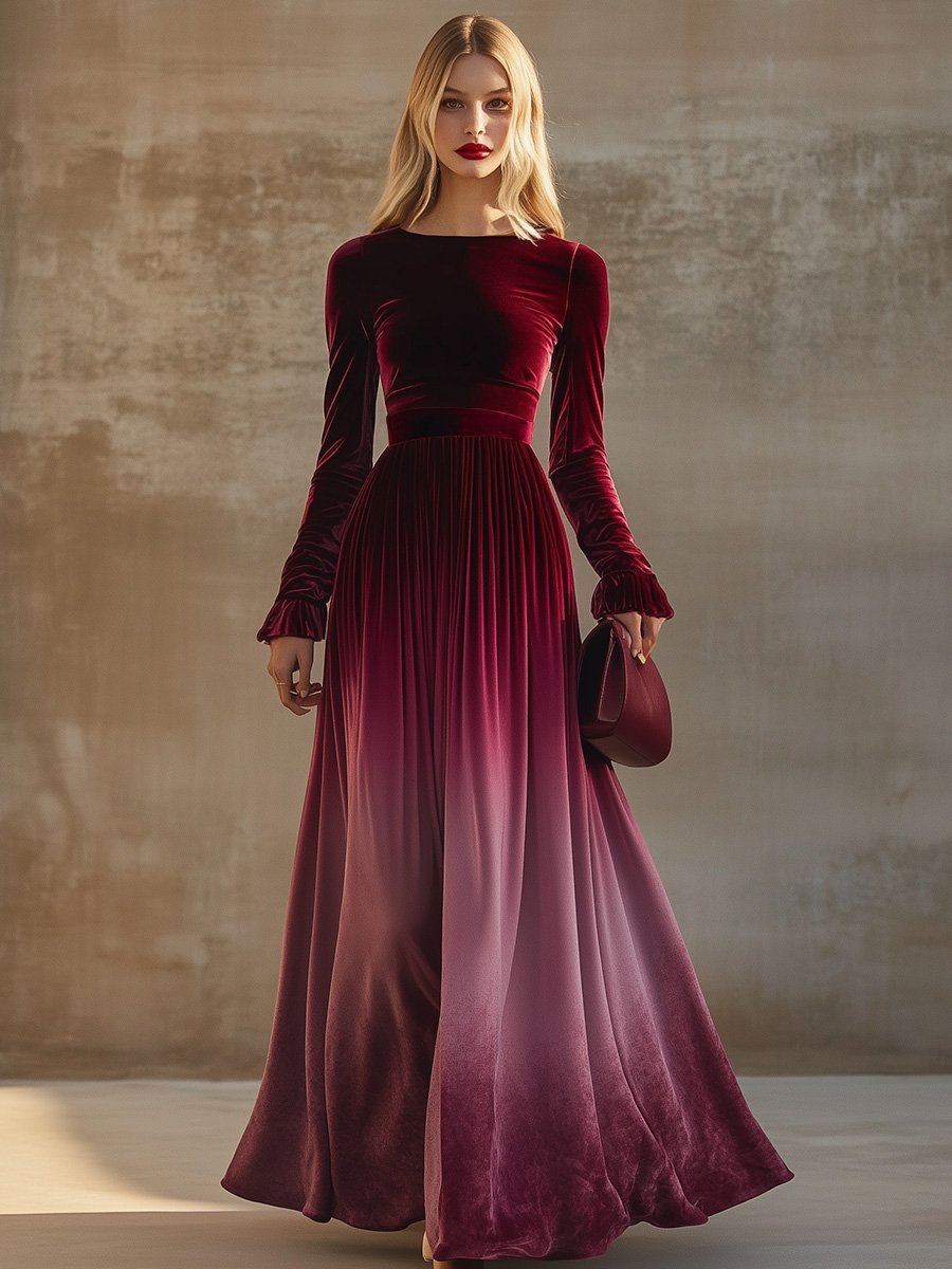Robe Maxi en Velours Dégradé Bourgogne - Col Droit et Manches Trompette, Expédition en 24 Heures