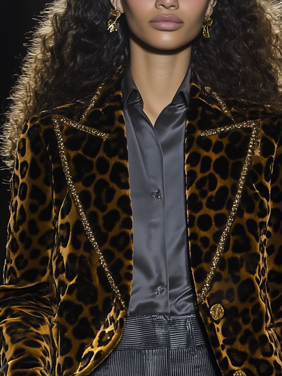 Blazer Casual en Velours Léopard avec Revers et Détails Dorés - Expédition en 24 Heures