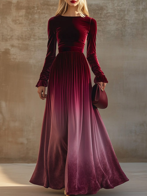 Robe Maxi en Velours Dégradé Bourgogne - Col Droit et Manches Trompette, Expédition en 24 Heures