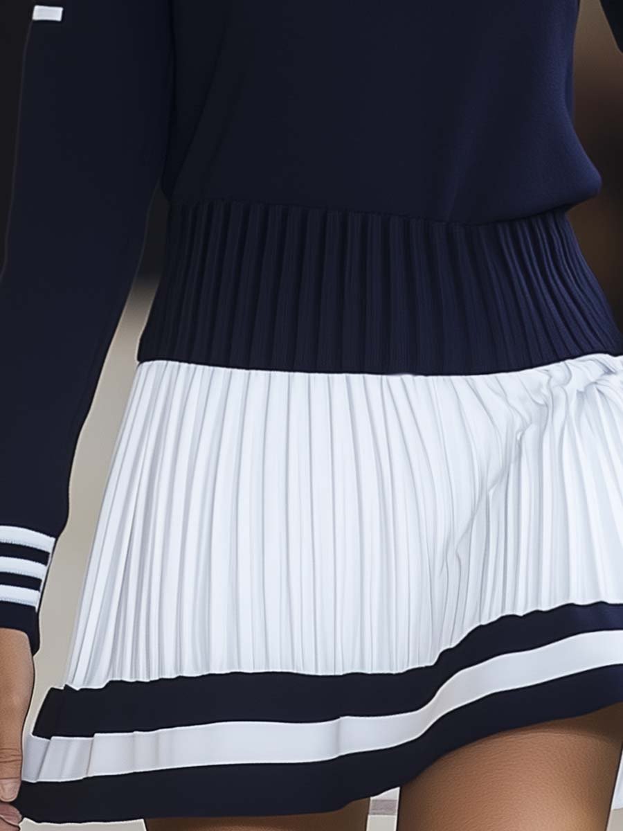 Robe Mini Sportive à Col Rond Bicolore Bleu Marine et Blanc - Expédition Rapide en 24 Heures