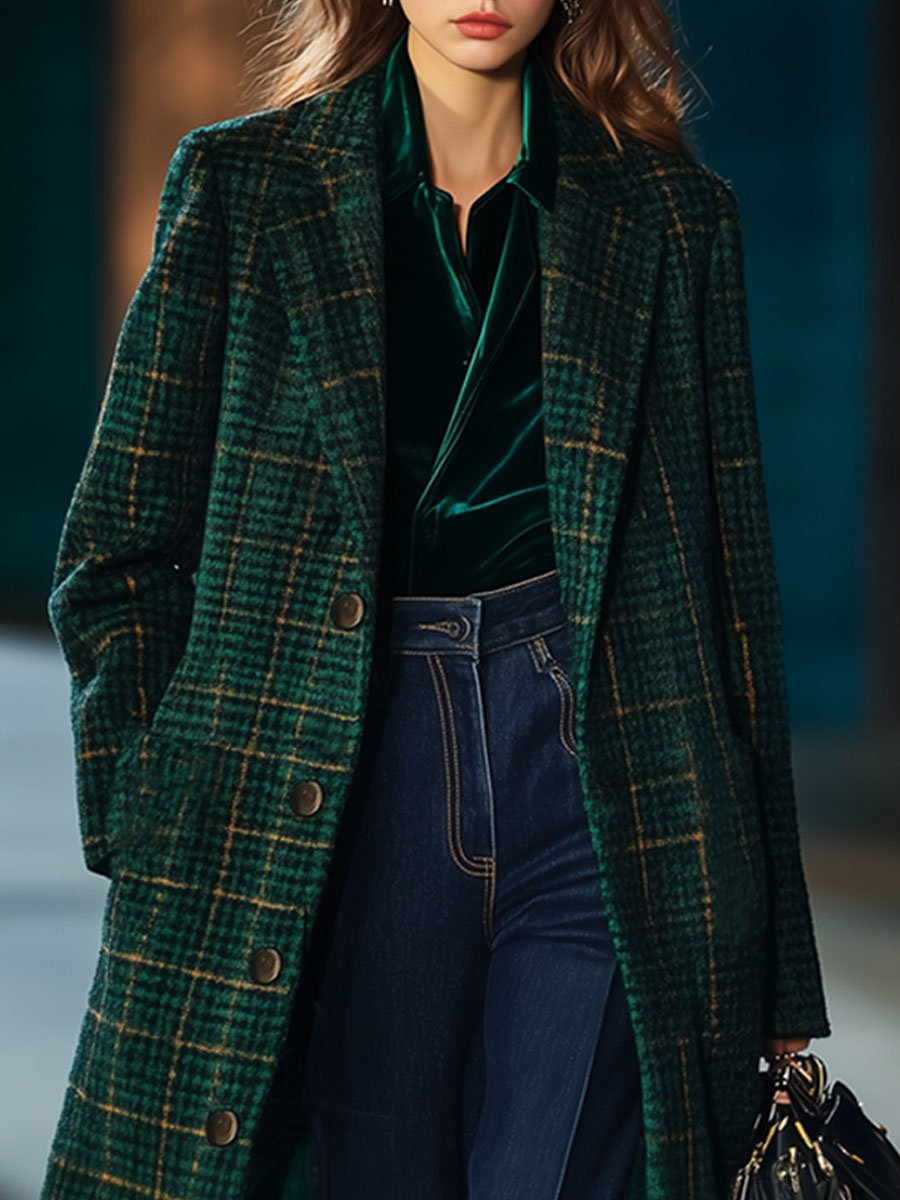 【Expédition en 24h】Manteau mi-long en laine à carreaux vintage avec poches pratiques
