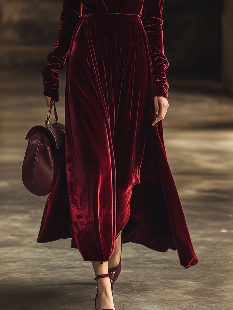 Robe Midi Longue en Velours Uni à Col V - Style Rétro, Expédition Rapide sous 24 Heures !