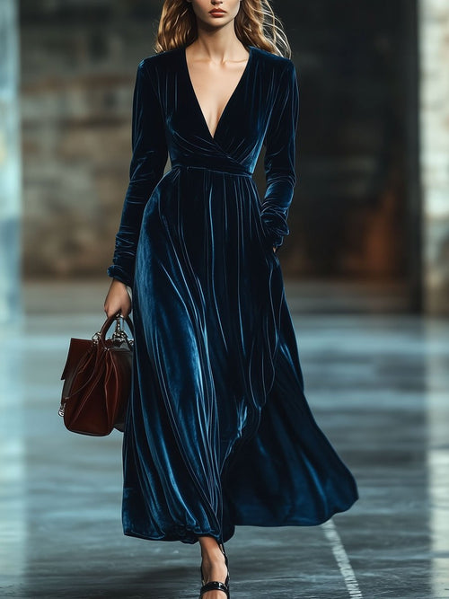 Robe Maxi en Velours Unicolore à Manches Longues et Col en V - Livraison en 24 Heures