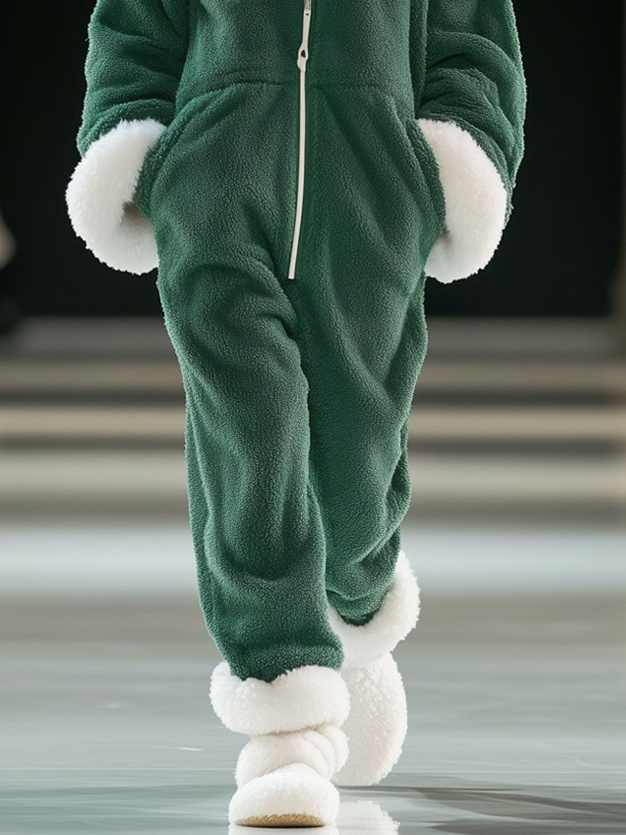 【Expédition Rapide en 24h】Sweat à Capuche Zippé en Polaire Verte et Blanche - Style Décontracté