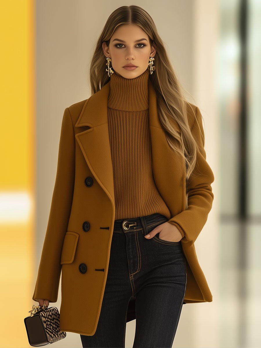 Veste mi-longue en laine camel rétro - Style décontracté avec double boutonnage, expédition en 24 heures!