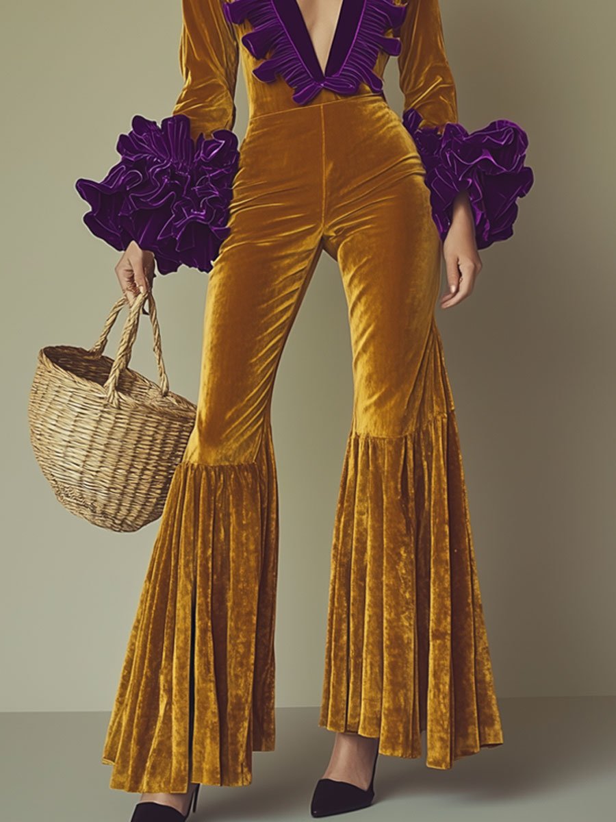 Combinaison Élégante en Velours Doré avec Volants Violets à Manches Longues - Parfaite pour vos Soirées Chic