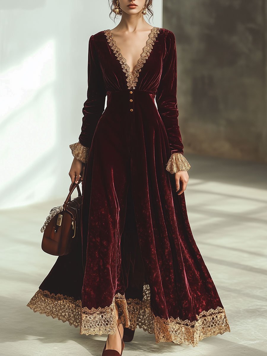 Robe Maxi Velours Rouge Ankola : Élégance en Dentelle et Décolleté en V - Expédition Rapide en 24 Heures