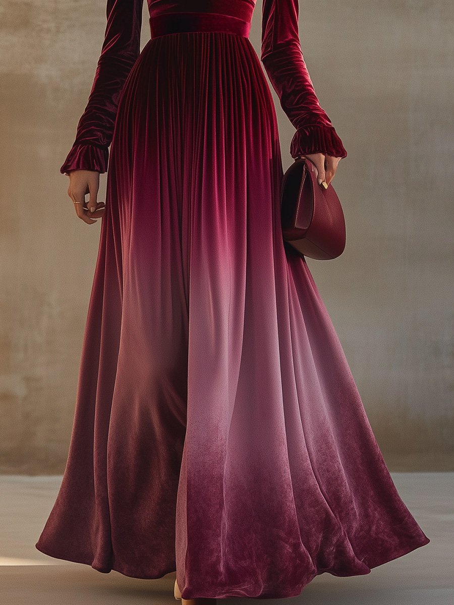 Robe Maxi en Velours Dégradé Bourgogne - Col Droit et Manches Trompette, Expédition en 24 Heures
