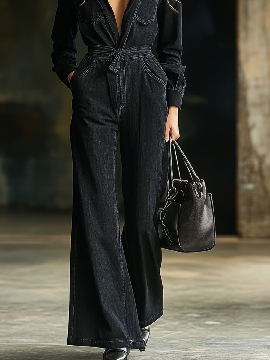 Expédition Rapide : Combinaison en Denim Noir à Manches Longues avec Poches Multiples et Ceinture
