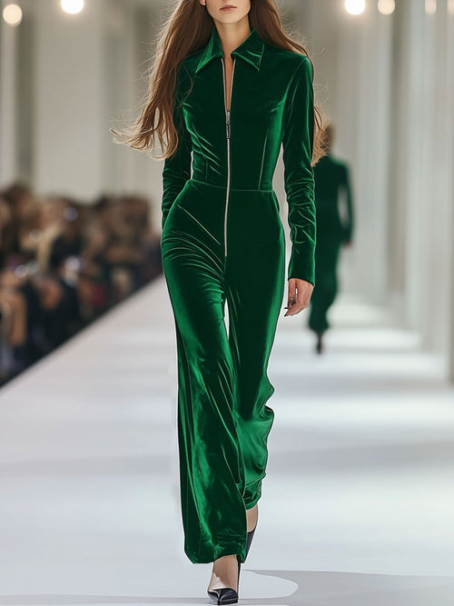 Combinaison en Velours Vert à Manches Longues avec Fermeture Éclair - Expédition Rapide en 24 Heures!