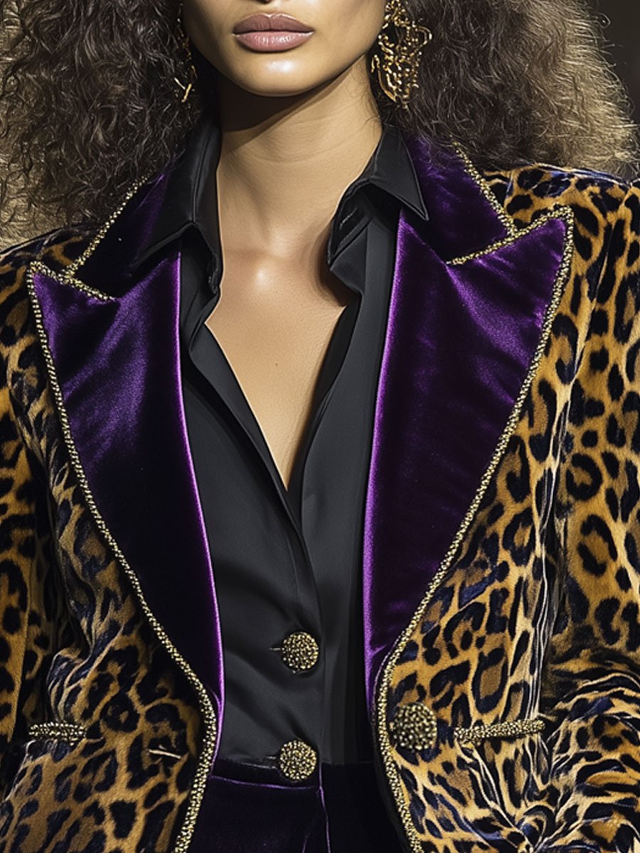 Blazer Décontracté en Velours Vintage à Imprimé Léopard - Expédition Rapide en 24 Heures !