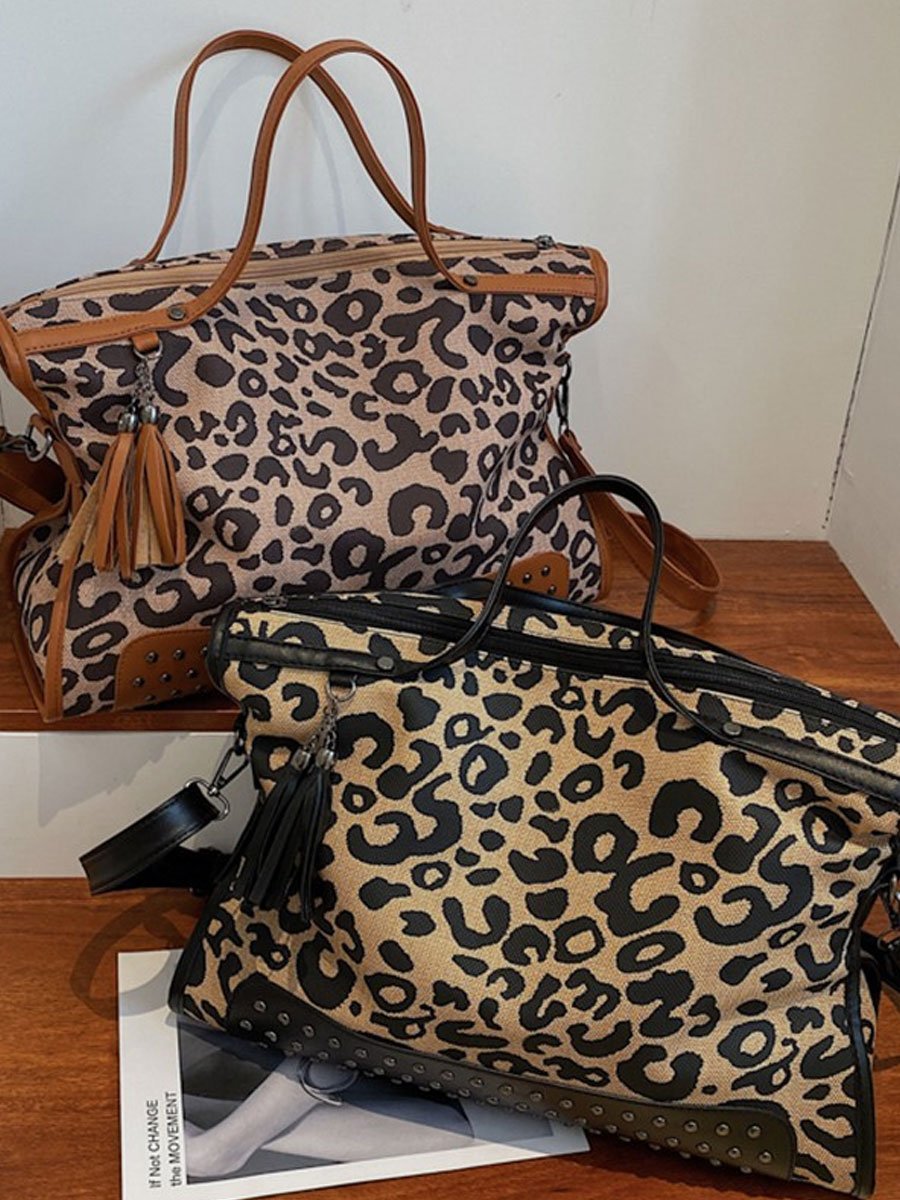 Grand Sac Bandoulière Tendance en Imprimé Léopard avec Rivets