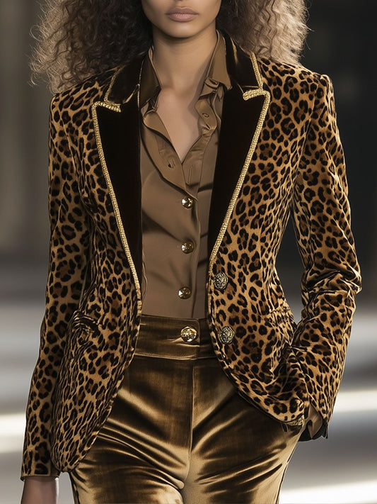 Blazer en Velours Léopard Décontracté avec Col Contrasté et Détails Dorés - Expédition Rapide sous 24 Heures