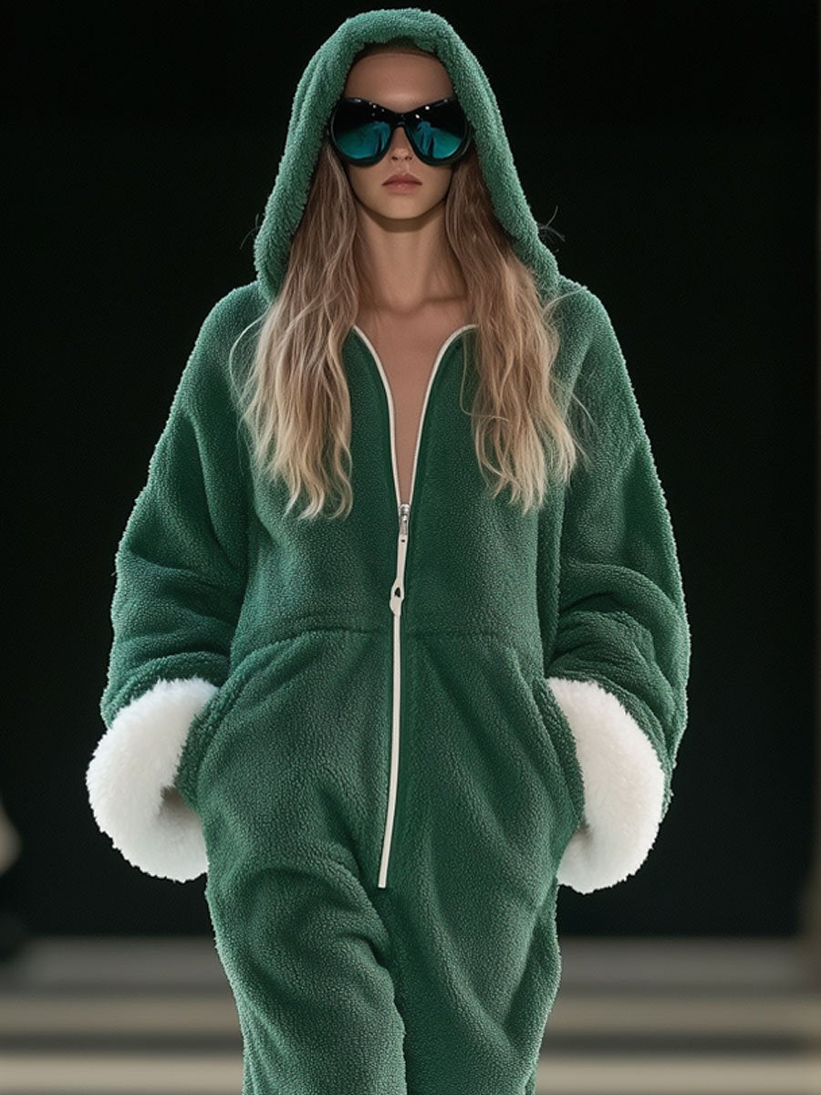 【Expédition Rapide en 24h】Sweat à Capuche Zippé en Polaire Verte et Blanche - Style Décontracté