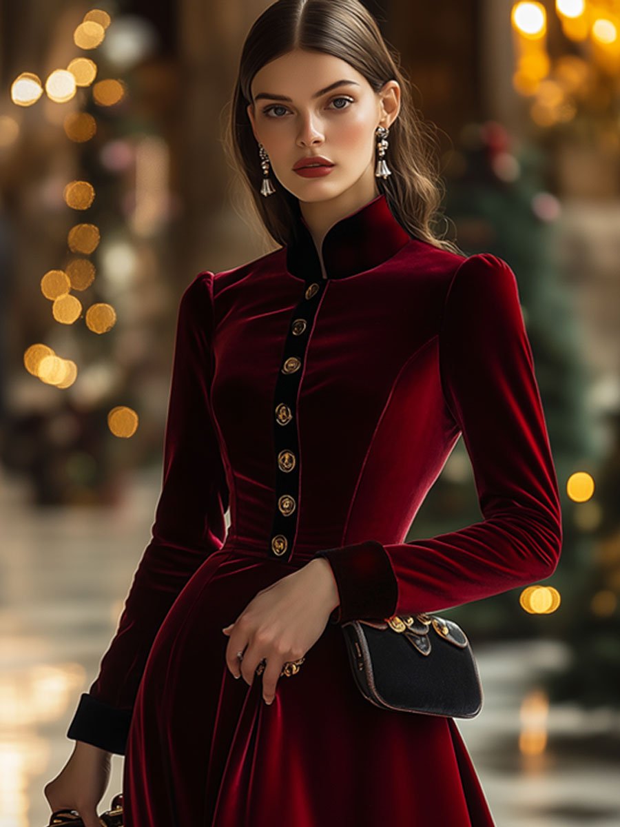 Robe Midi Longue en Velours Rouge Ankola à Manches Longues - Expédition Rapide en 24 Heures