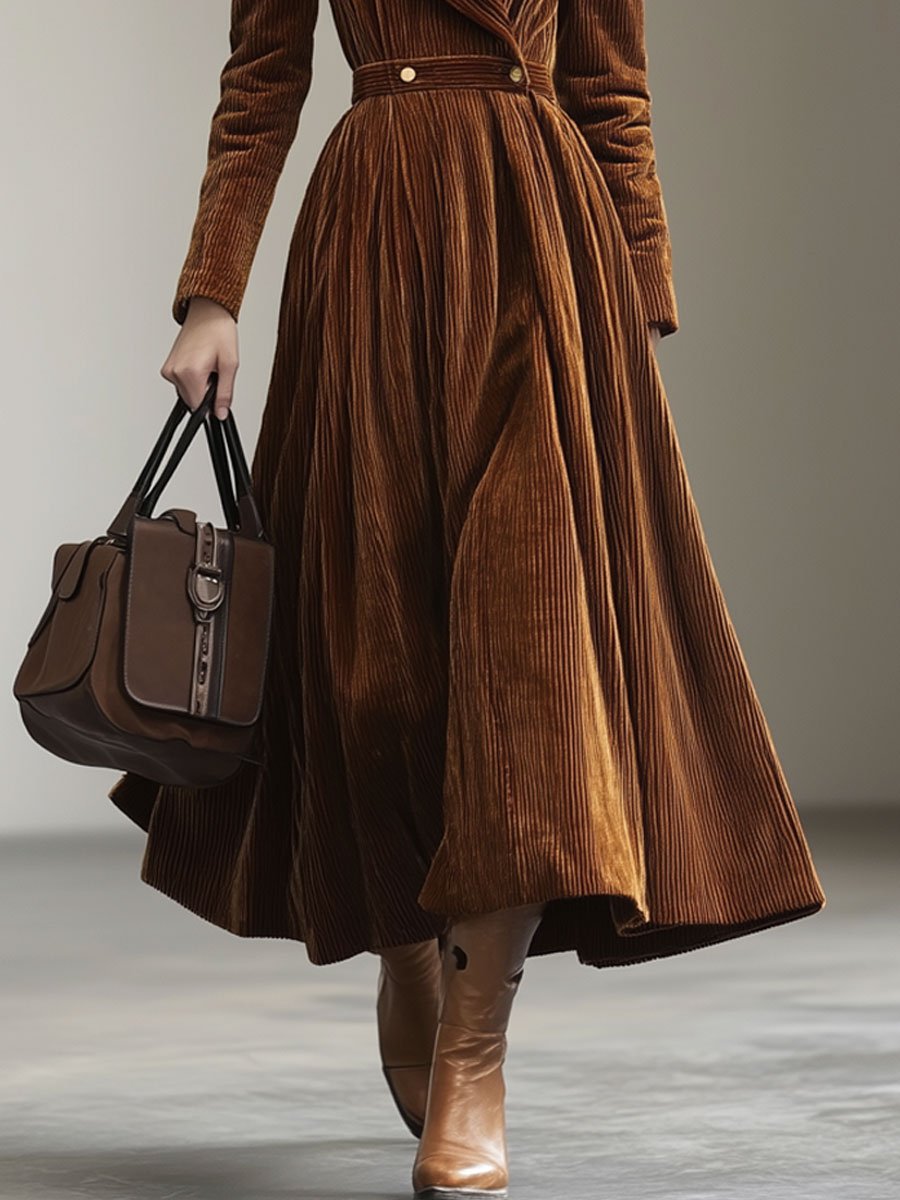 Robe Maxi Vintage en Velours Côtelé : Élégance Décontractée avec Col Revers et Manches Longues - Expédition Rapide en 24 Heures