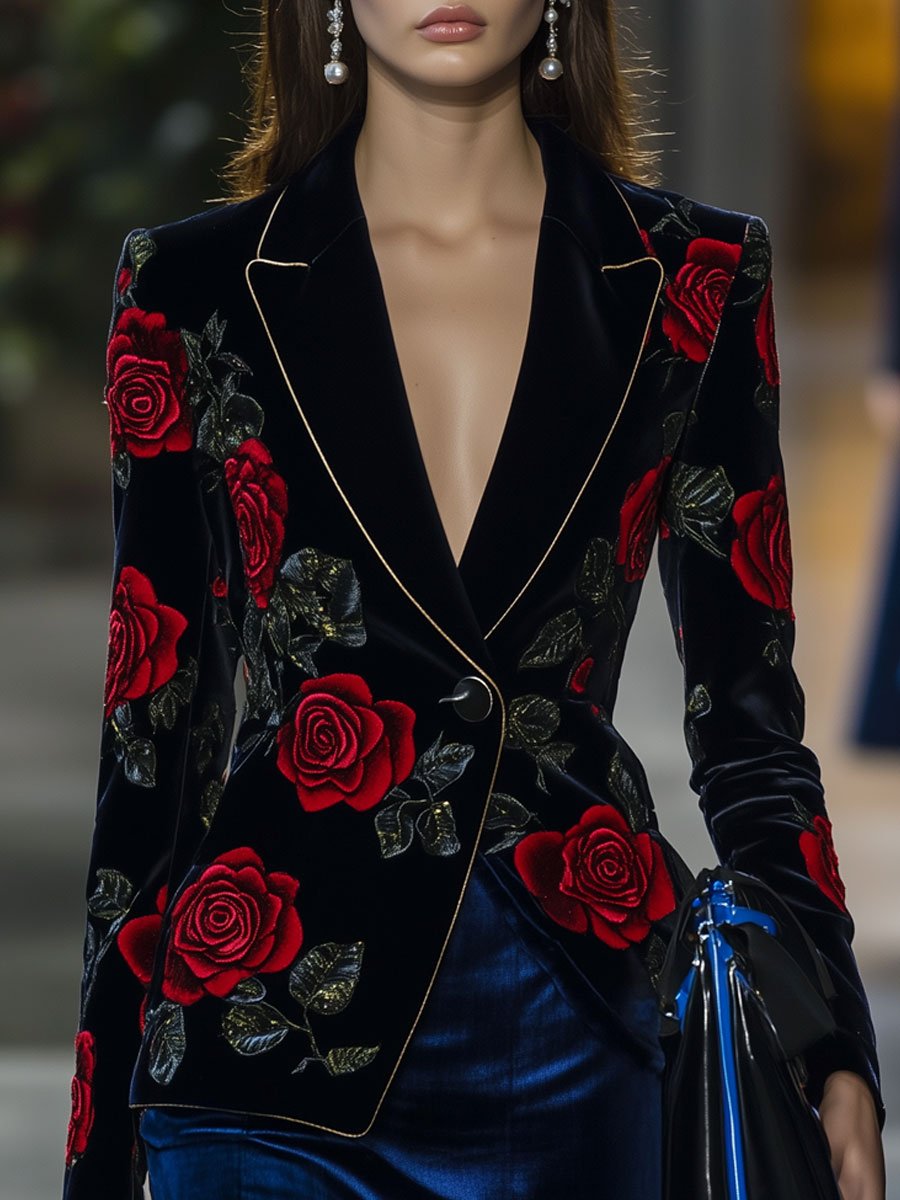 Blazer Vintage en Velours Rose Rouge avec Détails Dorés - Expédition Rapide en 24 Heures