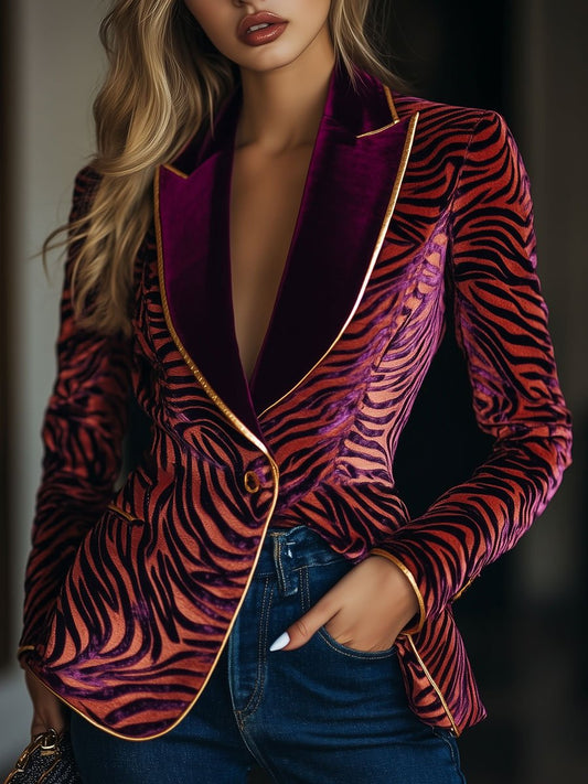 Blazer Vintage Décontracté en Velours à Motif Zèbre et Rayures Dorées