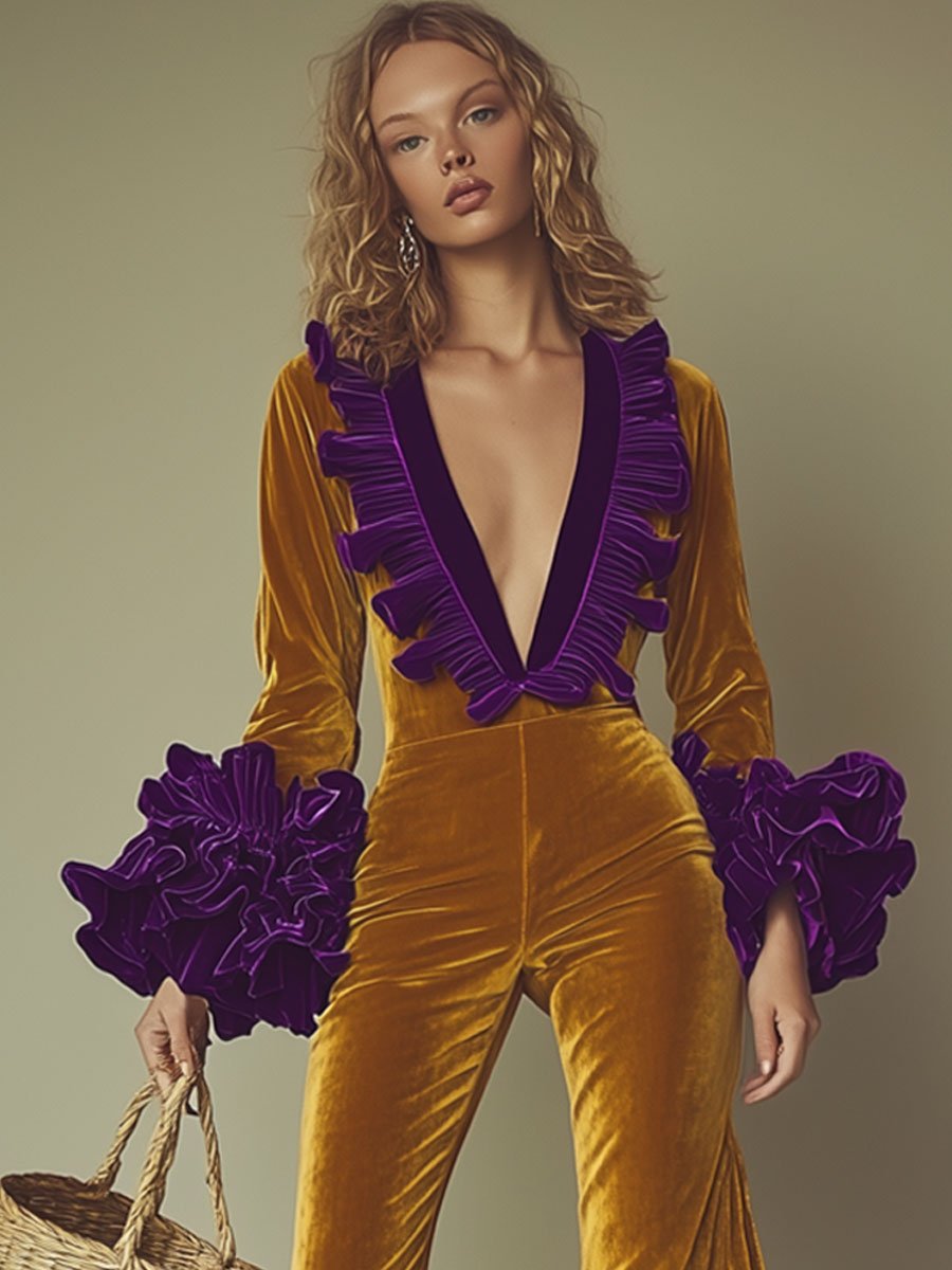 Combinaison Élégante en Velours Doré avec Volants Violets à Manches Longues - Parfaite pour vos Soirées Chic