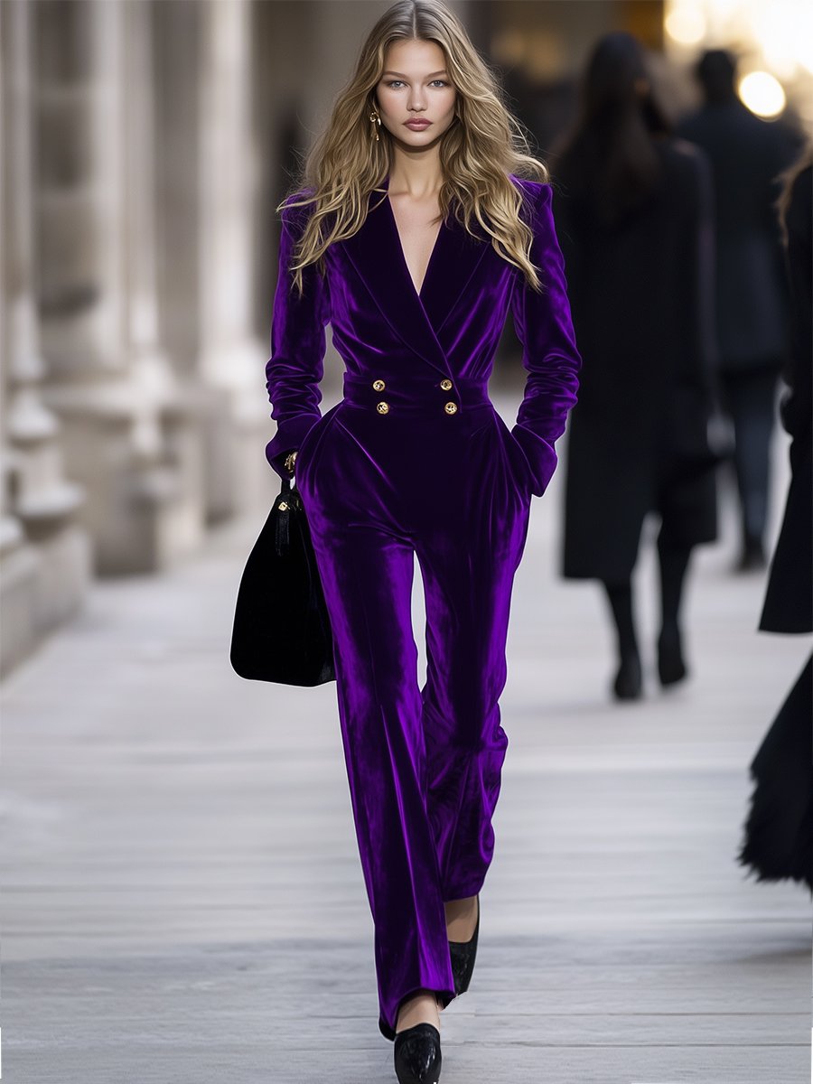 【Livraison en 24 heures】Combinaison Rétro en Velours Violet - Élégance Décontractée Haut de Gamme