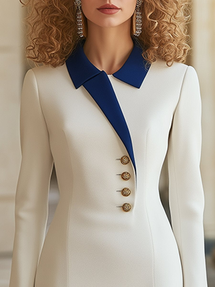 Robe Élégante à Revers Contrasté Bleu et Blanc – Luxe et Sophistication