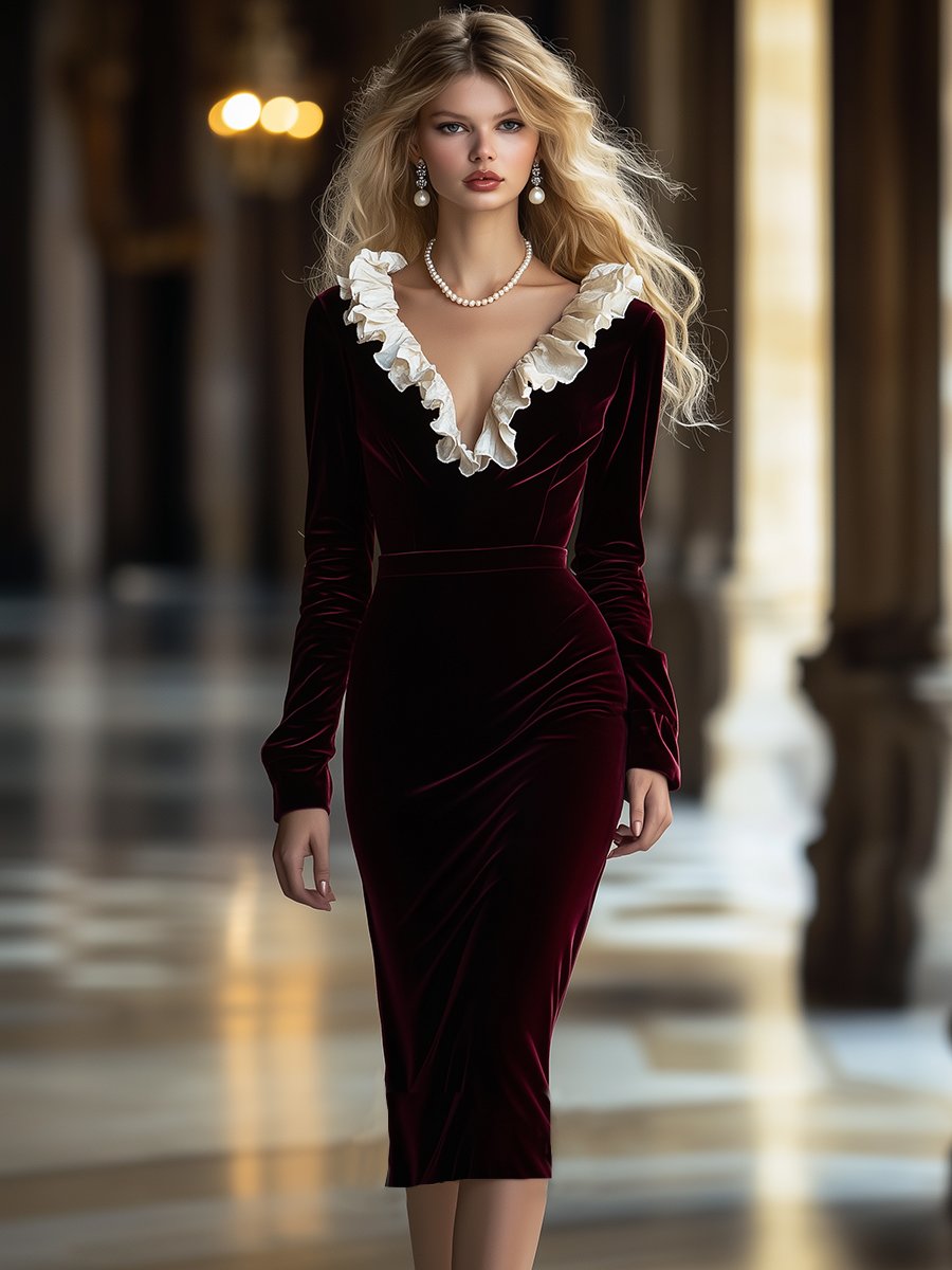 Robe Midi Velours Ruffle à Col V – Livraison Rapide en 24 Heures !