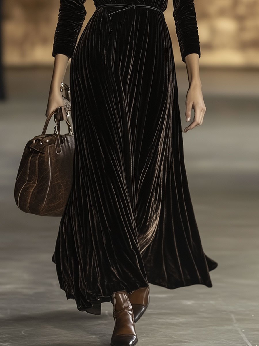 Robe Maxi Velours Unie à Col en V avec Ceinture - Expédition Rapide en 24 Heures