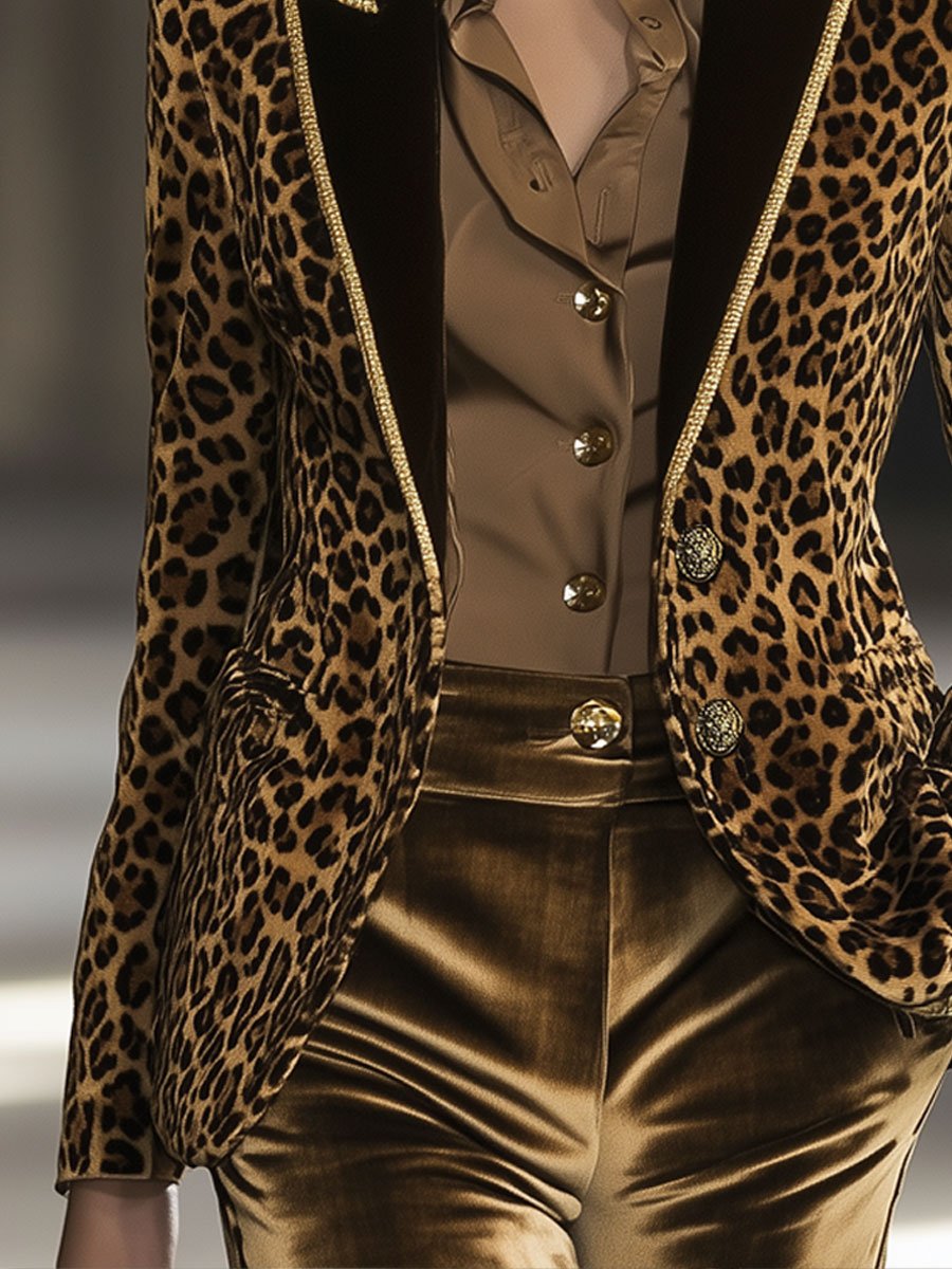 Blazer en Velours Léopard Décontracté avec Col Contrasté et Détails Dorés - Expédition Rapide sous 24 Heures