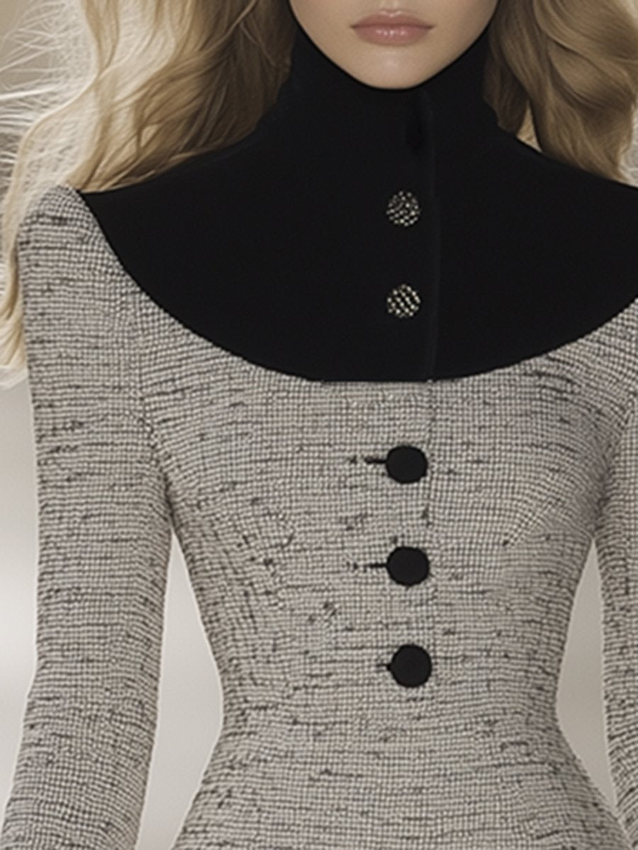 Robe Midi Élégante en Tweed Velours avec Col Montant - Expédition Rapide sous 24 Heures