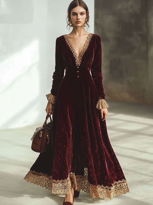 Robe Maxi Velours Rouge Ankola : Élégance en Dentelle et Décolleté en V - Expédition Rapide en 24 Heures