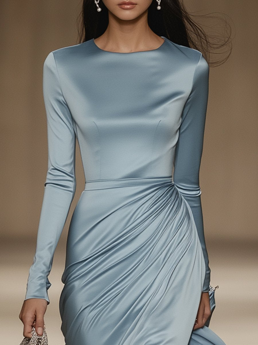 Robe Maxi Longue en Satin Bleu Élégante - Col Ronde, Douceur et Expédition en 24 Heures