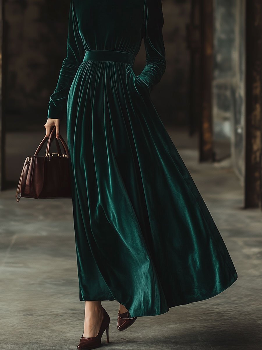 【Livraison Rapide en 24h】Robe Maxi Longue en Velours Épuré avec Col Montant et Poches Pratiques