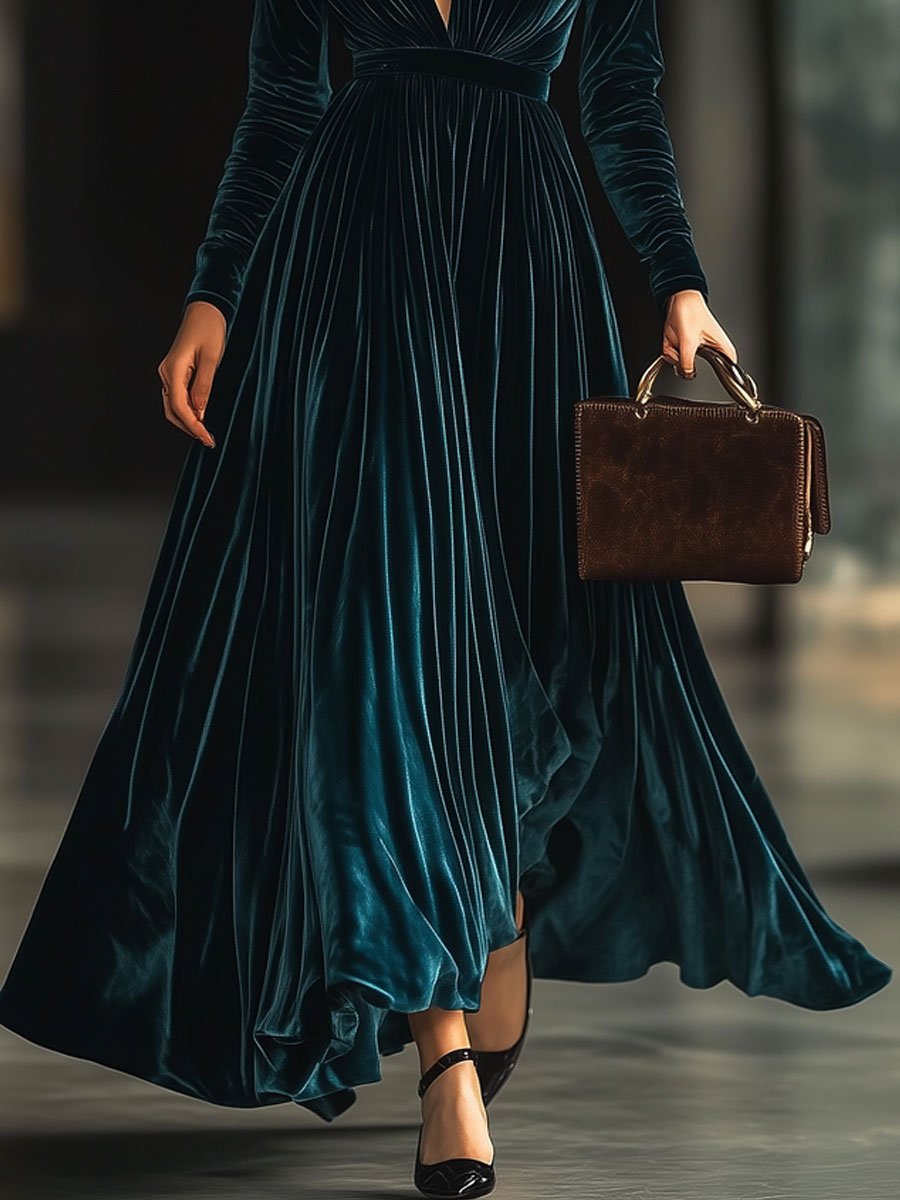 Robe Maxi Longue en Velours Uni à Col V - Expédition en 24 Heures pour Vos Soirées Élégantes