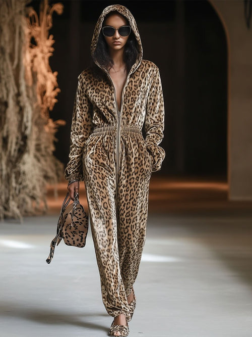 Expédition rapide : Combinaison zippée en velours vintage à capuche, style décontracté et imprimé léopard