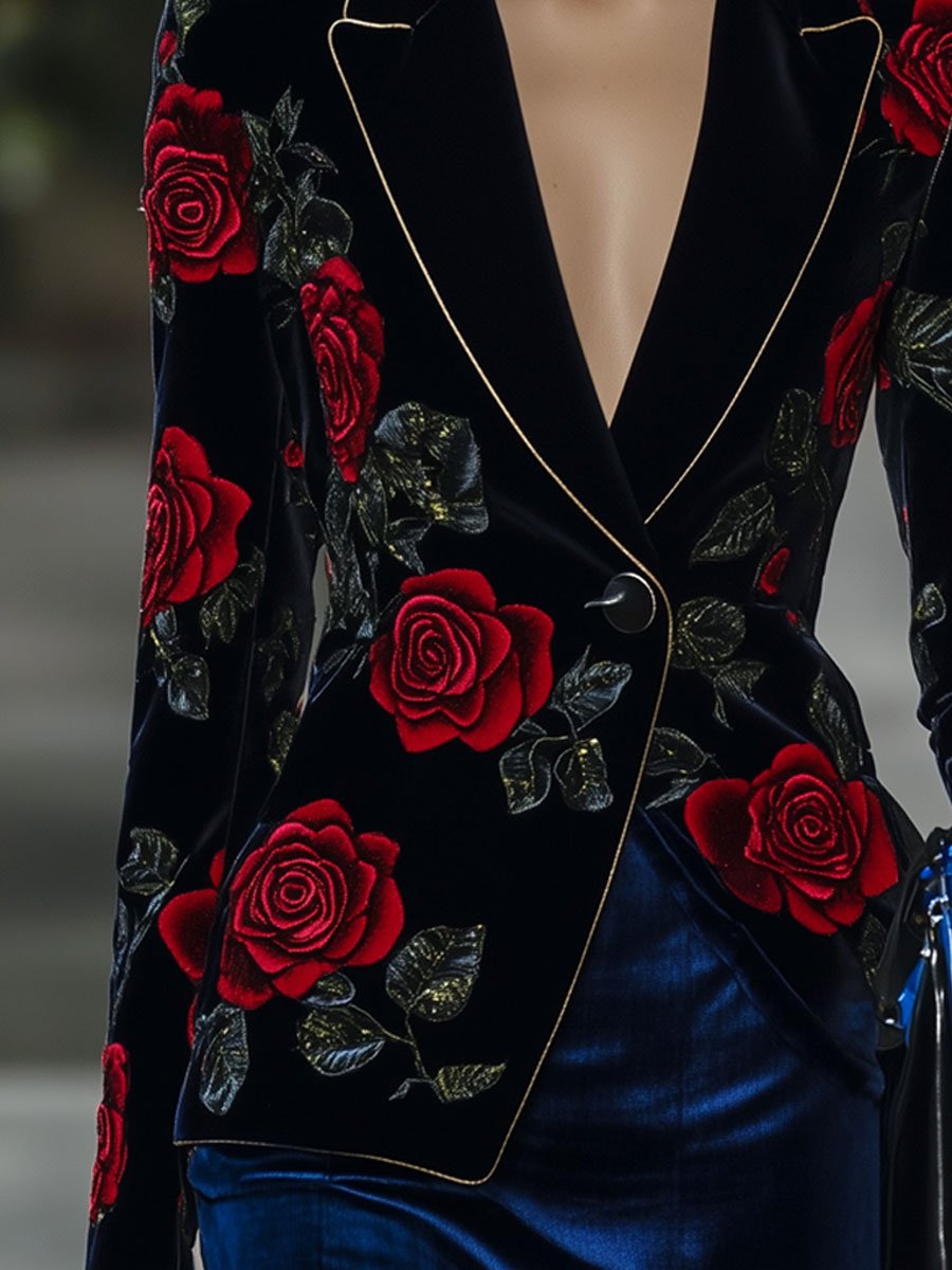 Blazer Vintage en Velours Rose Rouge avec Détails Dorés - Expédition Rapide en 24 Heures