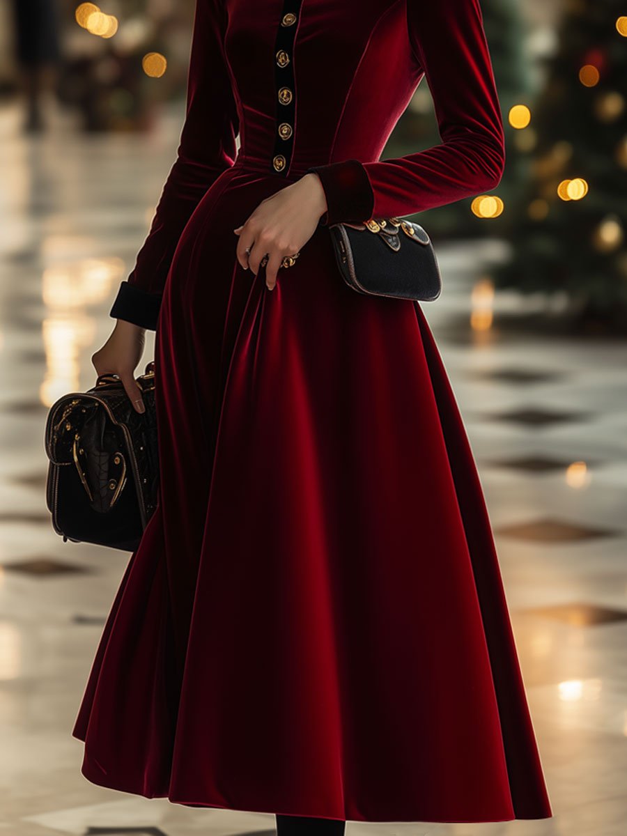 Robe Midi Longue en Velours Rouge Ankola à Manches Longues - Expédition Rapide en 24 Heures