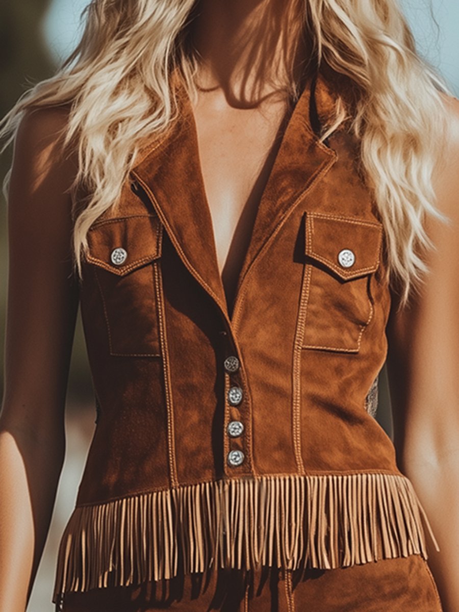 Expédition en 24 heures : Ensemble Vintage Western en Suède Marron - Short et Gilet