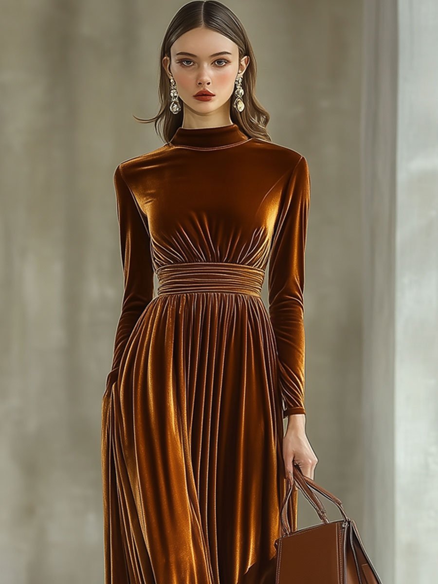 Robe Maxi Élégante à Manches Longues et Col Montant - Expédition en 24 Heures !