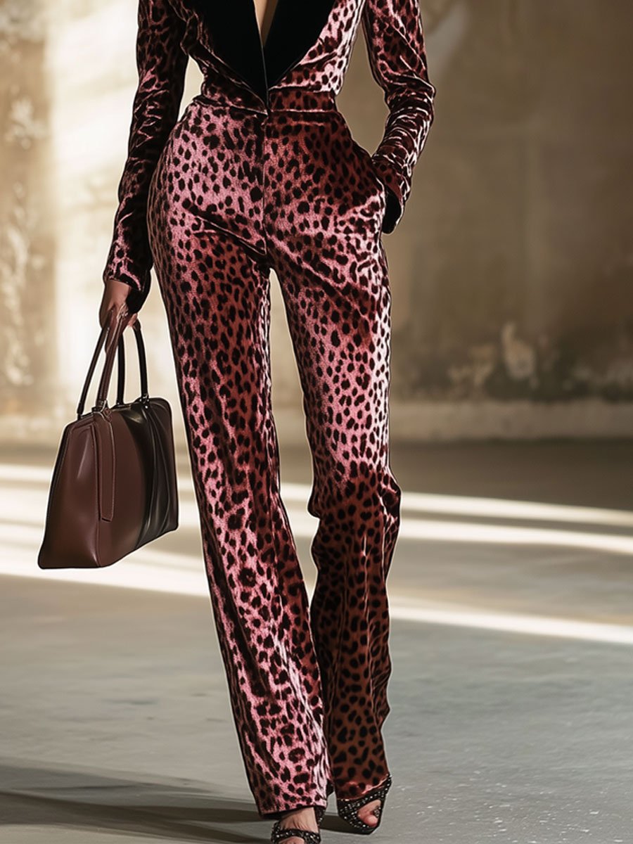 Combinaison Rétro en Velours Léopard : Style Ample avec Col Colorblock et Manches Longues - Livraison en 24 Heures!
