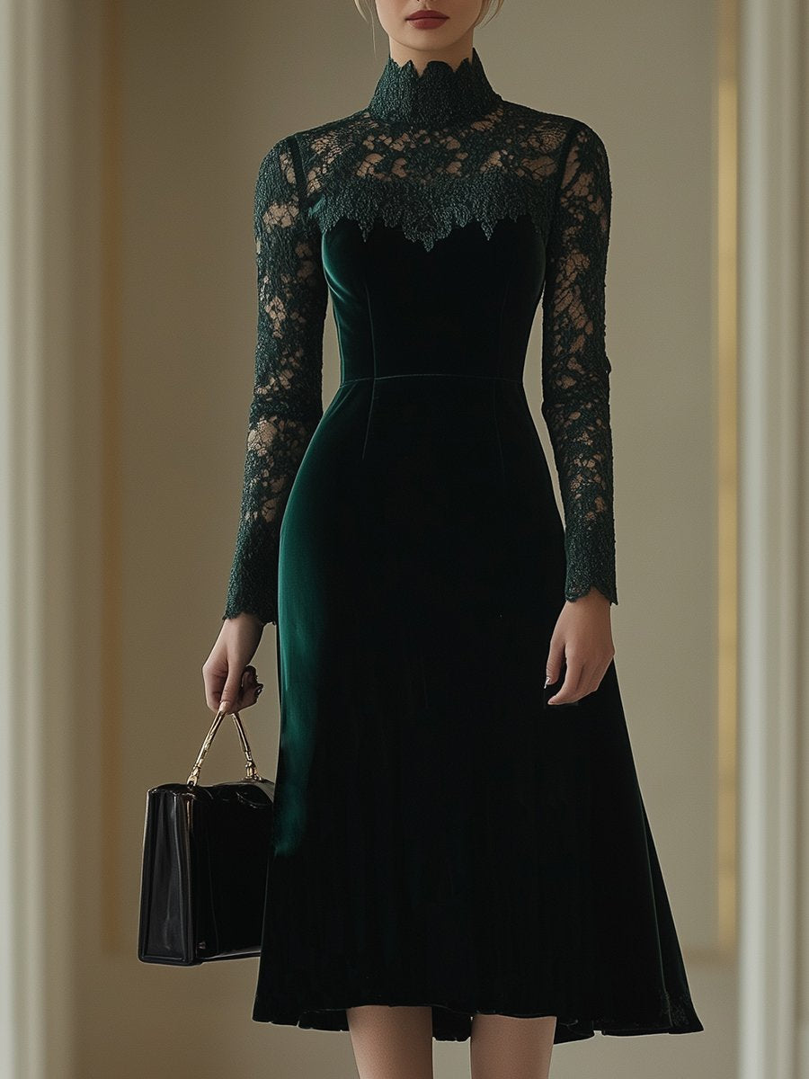 Robe Midi Élégante en Velours Rétro avec Dentelle et Col Montant - Expédition Rapide en 24 Heures